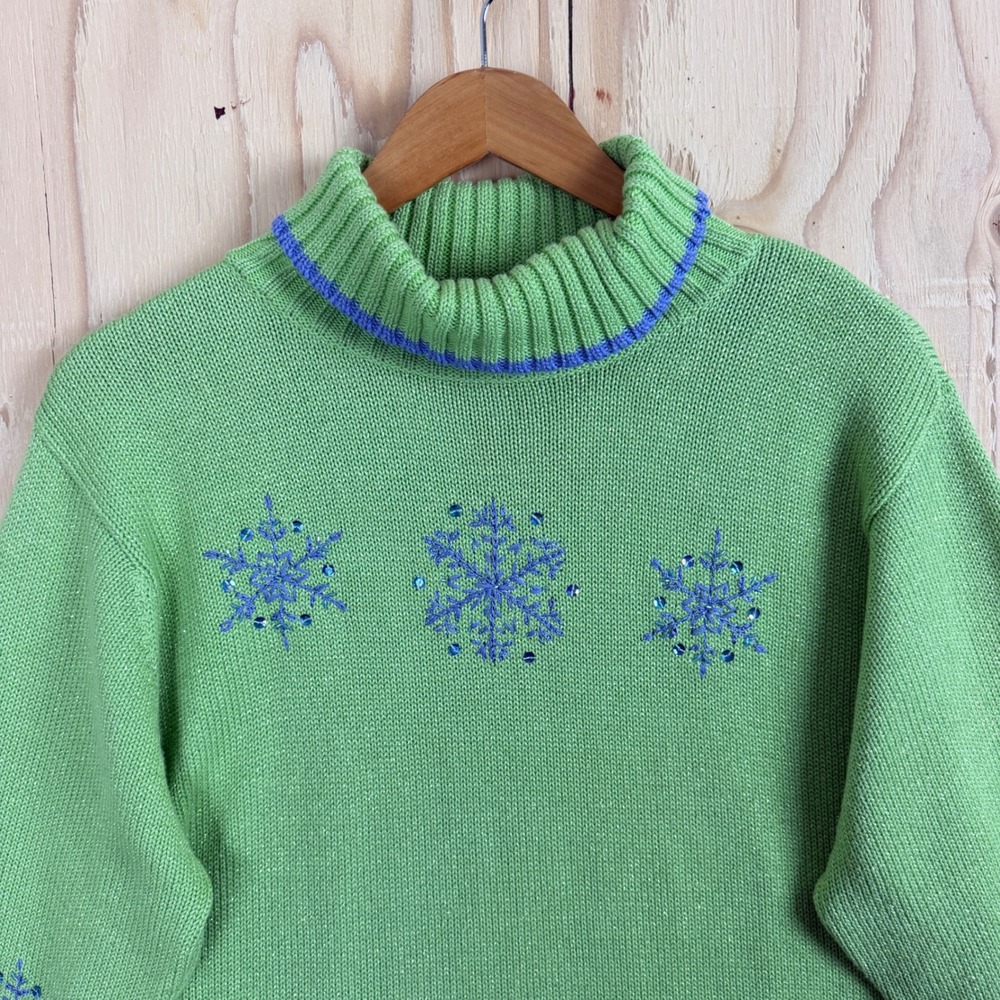 Quacker Factory Snowflake Turtleneck Women XL Green Winter Sweater Acrylic Blend